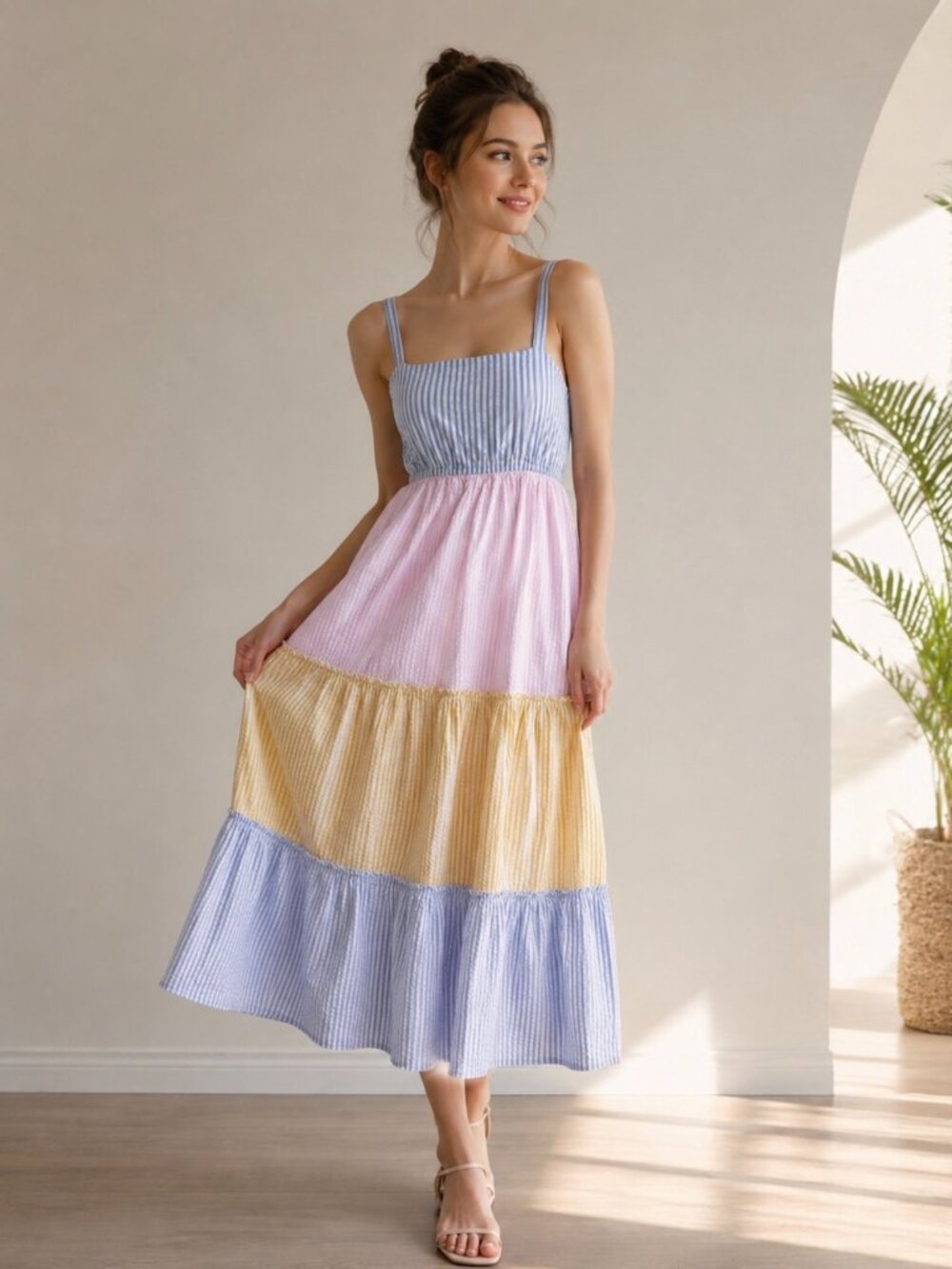Madison Mathews Cotton Maxi Sun  Dress Pastel Striped Multicolor Sz XS / S